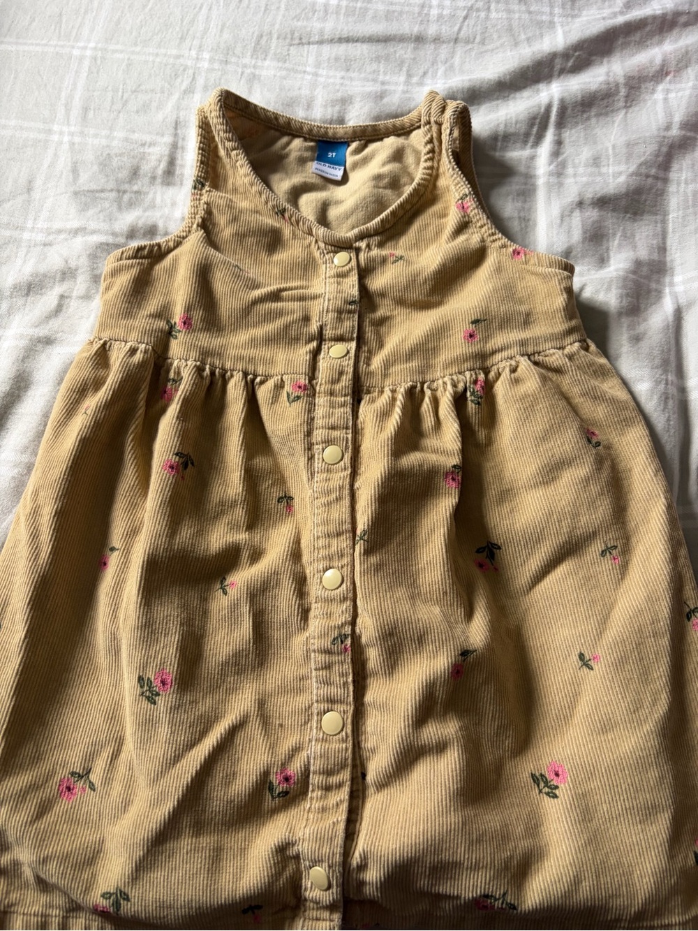 Old Navy Tan Corduroy Button-Front Dress with Pink Floral Embroidery